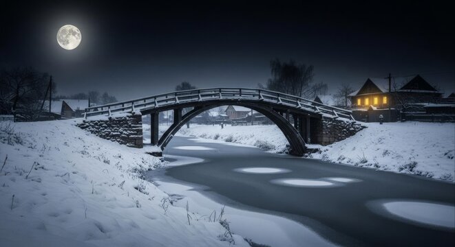A picturesque wooden bridge over a frozen river in a snowy village under the light of a full moon.