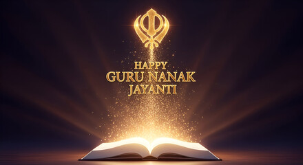 ​A Happy Guru Nanak Jayanti Design With A Glowing Khanda And Luminous Light Shining On A Holy Book
