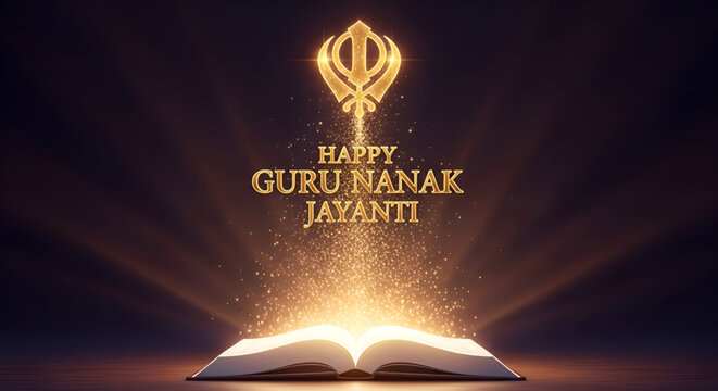​A Happy Guru Nanak Jayanti Design With A Glowing Khanda And Luminous Light Shining On A Holy Book
