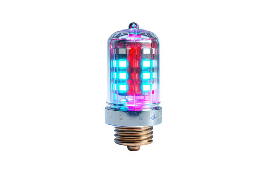 A futuristic LED bulb with vibrant red and blue light elements encased in a clear dome, featuring a classic screw-in base. Modern lighting technology. background removed