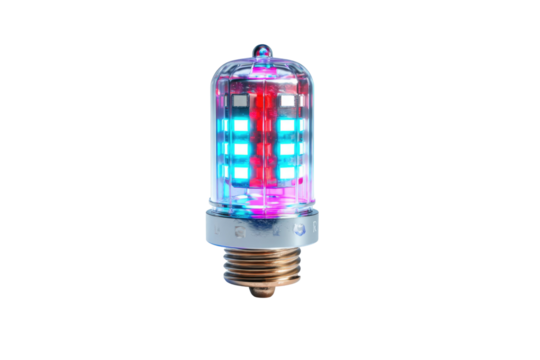 A futuristic LED bulb with vibrant red and blue light elements encased in a clear dome, featuring a classic screw-in base. Modern lighting technology. background removed