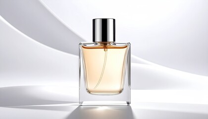 Elegant perfume bottle against flowing white backdrop
