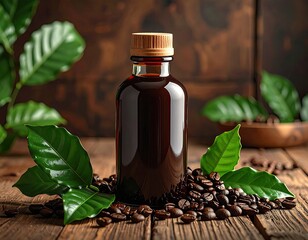 Coffee liquid in bottle amidst beans and leafy sprigs