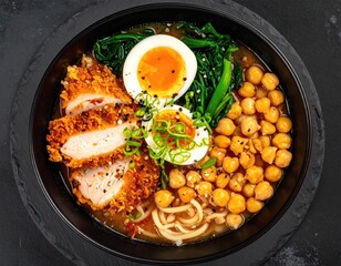 Ramen bowl fried chicken, egg, chickpeas, greens, and noodles