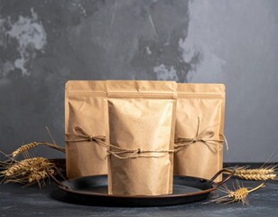Three kraft bags tied with string on dark textured backdrop