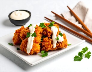 Crispy, breaded food pieces, likely fish or chicken, topped with creamy sauce and fresh herbs, served on a white plate with chopsticks and a small bowl of sauce in the background