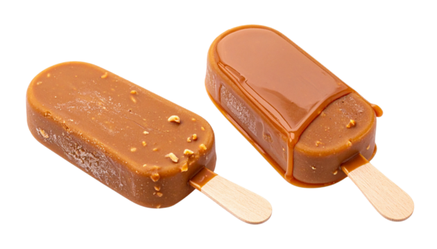 Pair of premium caramel nut ice cream bars with rich texture and sheen, isolated on transparent background
