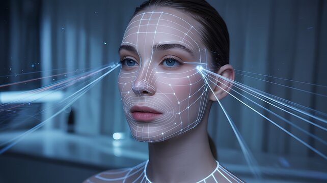 Title: Woman scanned by digital facial recognition network with futuristic technology
