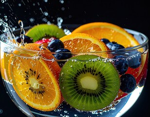 Fruit slices in water splash in glass bowl
