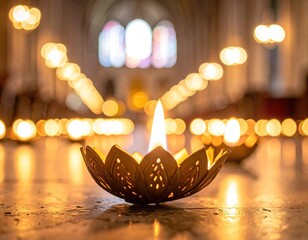 Burning candle, lotus-shaped holder, blurred church interior