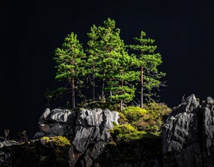 Trees on rocks, bright against dark