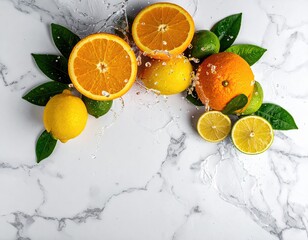 Citrus fruit and leaves, marble background, splash of water