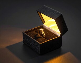 Diamond ring in open box, illuminated, dark background