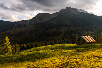 Scenic Mountain Landscape in the Dolomites, Italy.
Alpine Meadow with Peaks and mountain hut and pasture