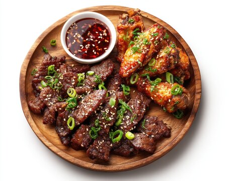 Wooden plate holding grilled beef strips and chicken wings, topped with sesame seeds and green onions, served with a dipping sauce