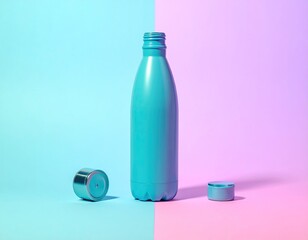 Teal bottle, open, split pink/blue ground, studio lighting