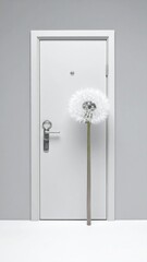 White door, tall dandelion; surreal & minimalist scene