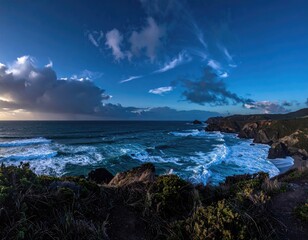 Coastal panorama stormy ocean, rocky cliffs, dramatic sky