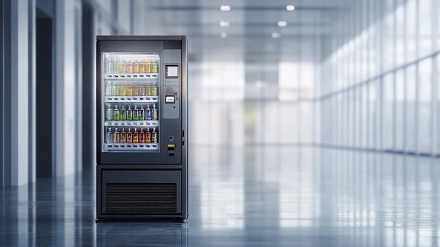 Modern Vending Machine in a Bright Office Hallway.
