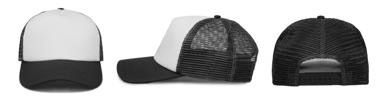 Blank Black and White Trucker Hat Mockup, Front Side and Back Views