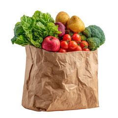 Fresh produce including lettuce tomatoes potatoes broccoli in a paper bag on transparent background