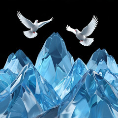 blue mountains and two white doves on a black background