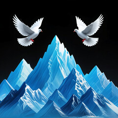 blue mountains and two white doves on a black background
