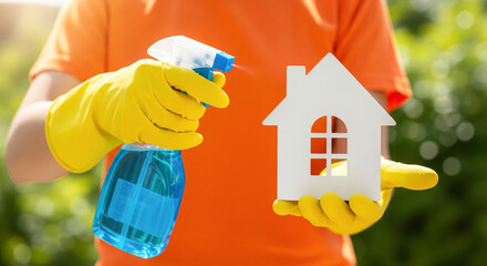 Hands in Gloves Cleaning a Small House Replica