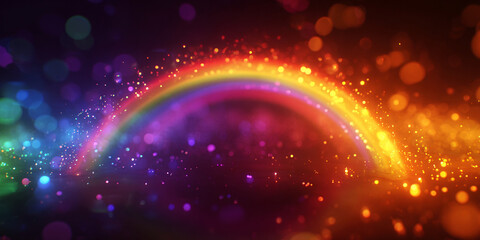 Obraz premium Magical glowing rainbow arc with sparkling particles on dark background - AI generated