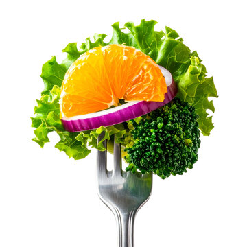 A fork impales salad fixings orange slice, red onion, broccoli, and lettuce