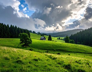 Obraz premium Cabin nestled in green hillside beneath dramatic sky