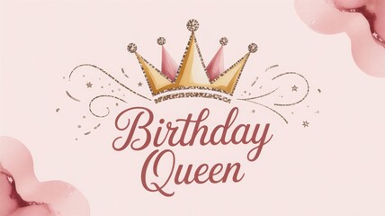 Birthday queen text with crown and decorative elements on a light pink background design card art