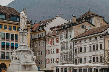 Bolzano, Italy - February 2025: Walther Square and typical architecture in the city center