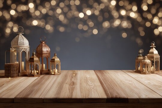 Ornate lanterns on wooden table, bokeh background