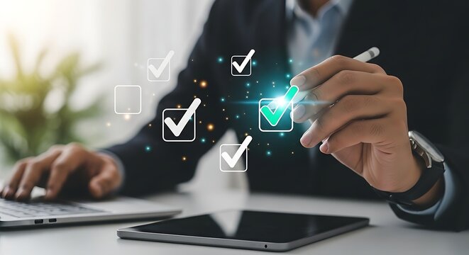 Business professional completing a digital checklist with glowing checkmarks on a modern desk