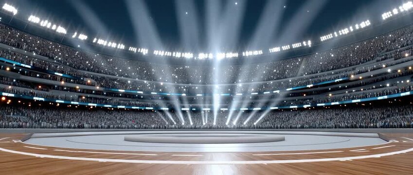 Bright lights shine down on a spacious arena, creating a vibrant atmosphere for the upcoming competition that draws cheers from the crowd