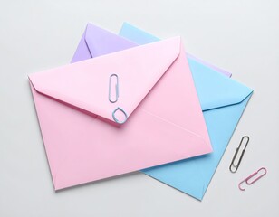 Pastel envelopes stacked with paperclips, clean and simple