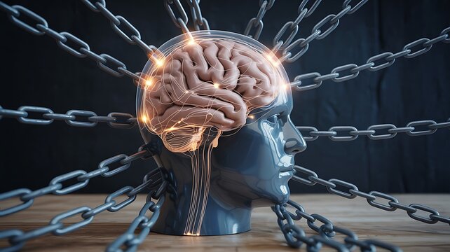 Title: Human brain trapped with metal chains symbolizing mental stress
