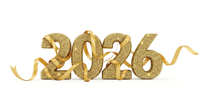 Sparkly Golden 2026 with Ribbon on White Background - Festive New Year