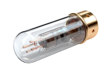 A high-tech rendering of a clear glass vacuum tube with intricate internal metallic components and a shiny gold base, symbolizing advanced electronics. background removed