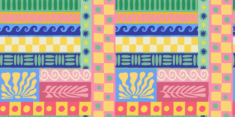 Vector Christmas and New Year seamless pattern, abstract hand-drawn whimsical background for greeting cards, wrapping paper, banners, striped, plaid, and checkered designs