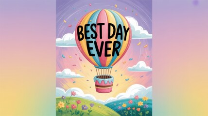A whimsical illustration featuring a hot air balloon with the words best day ever on it in a colorful landscape