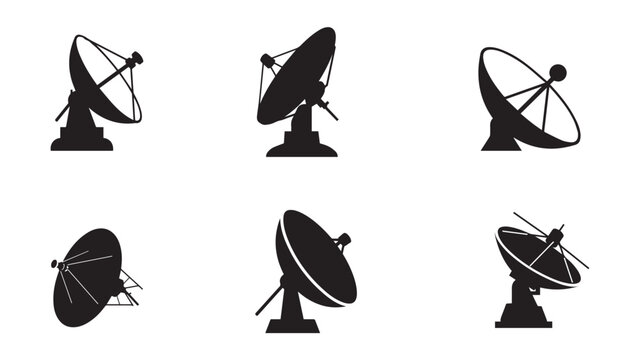 Angled 3D satellite dish silhouette vector set in a refined new style for broadcast and signal
