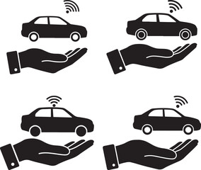 Obraz premium Four black car silhouettes on open hands with wi fi signals isolated on white background silhouette