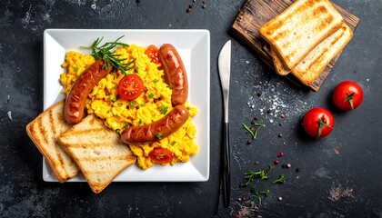 Scrambled eggs, sausages, and toast on a white plate.  Breakfast food