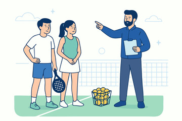 Padel coach explaining techniques to players on court, learning and teamwork concept, flat vector illustration.
