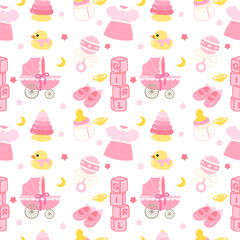 Fototapeta premium Cute pink baby girl items gender reveal seamless pattern