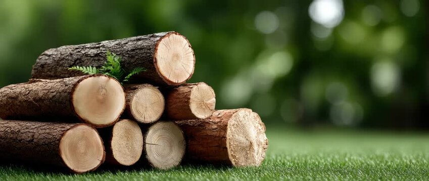 Sturdy, stacked logs blend with lush greenery, providing a peaceful outdoor atmosphere perfect for relaxation and nature appreciation