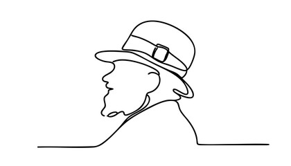 Obraz premium A simple line drawing of a man in profile wearing a hat. The illustration captures the man's beard and facial features in a minimalist style