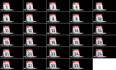 February Calendar Days Set Spotlighted on Black Background